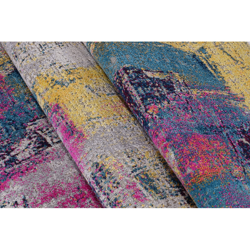 Tapis abstrait gris / bleu Drennon, Rectangulaire 5 pi 3 po x 7 pi 6 po