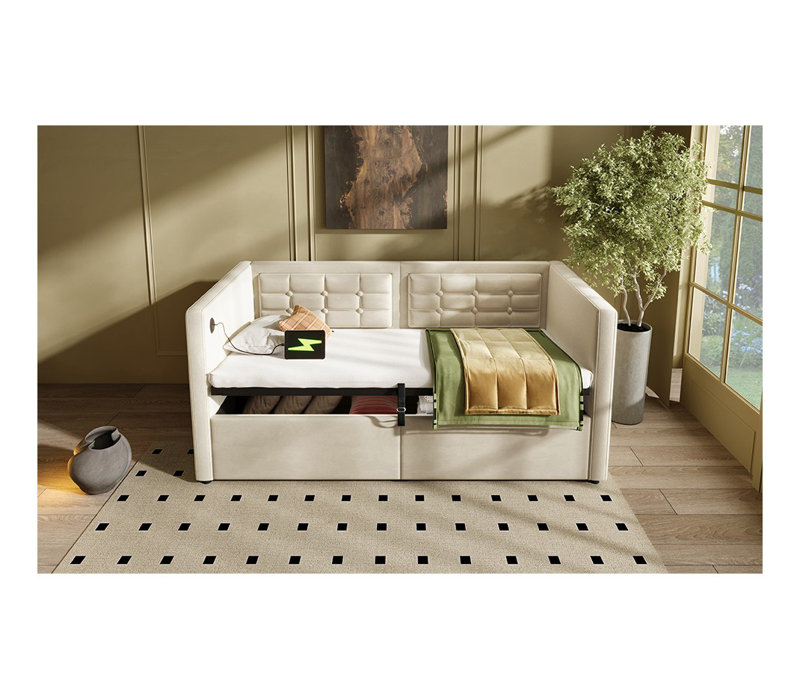 Lit de jour rembourré en velours beige avec rangement hydraulique et station de recharge USB, base de lit capitonnée avec lattes en bois