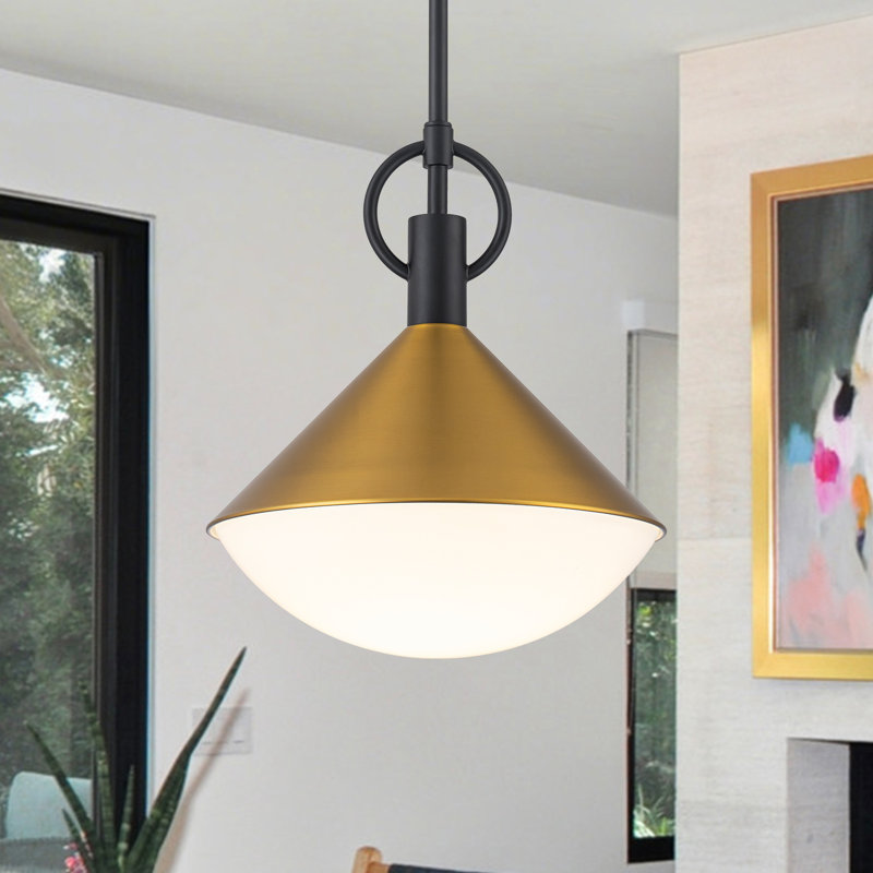 Luminaire suspendu moderne à deux tons avec îlot de cuisine noir et laiton avec abat-jour en verre blanc - base à une lumière E26 de 11,4 po