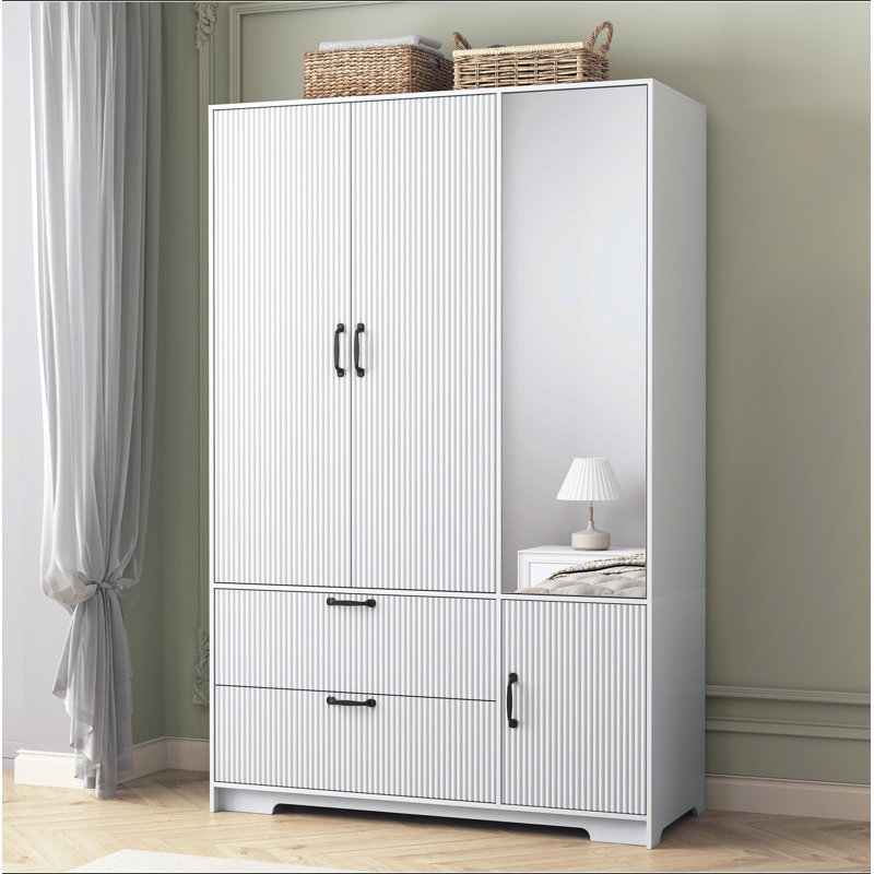 Armoire 4 portes avec miroir, armoire à DEL avec portes et 2 tiroirs, armoire de rangement en bois avec tringle, tablettes réglables