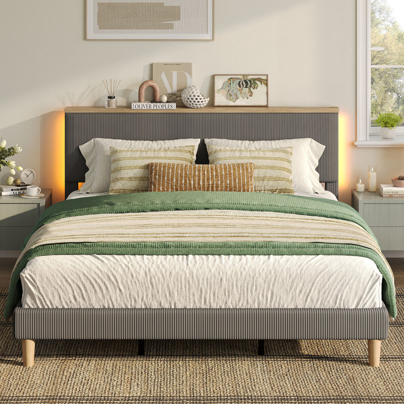 Velvet Upholstered Platform Bed Frame With Storage Headboard And LED Lights, Gray, Queen