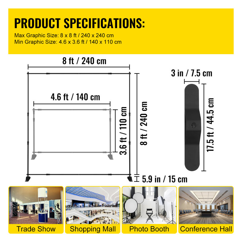 Support de fond de scène 2,4 x 2,4 m (8 x 8 pi), réglable et robuste, avec sac de transport. Parfait pour les fêtes, mariages, photomatons et salons professionnels.