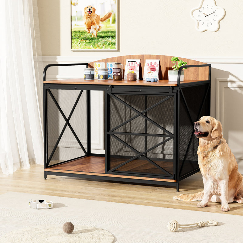 Grande cage de style chenil en bois brun avec espace de rangement robuste pour animaux de compagnie de taille moyenne,, Brun