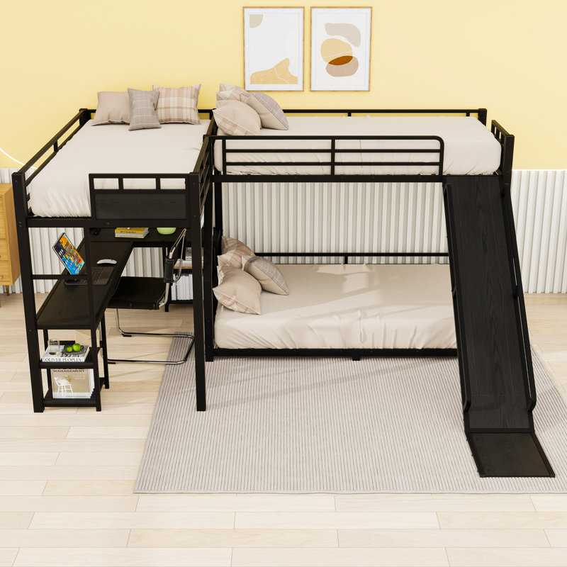 L-Shaped Metal Triple Bunk Bed With Slide, Desk And Storage, Twin and Twin Over Full