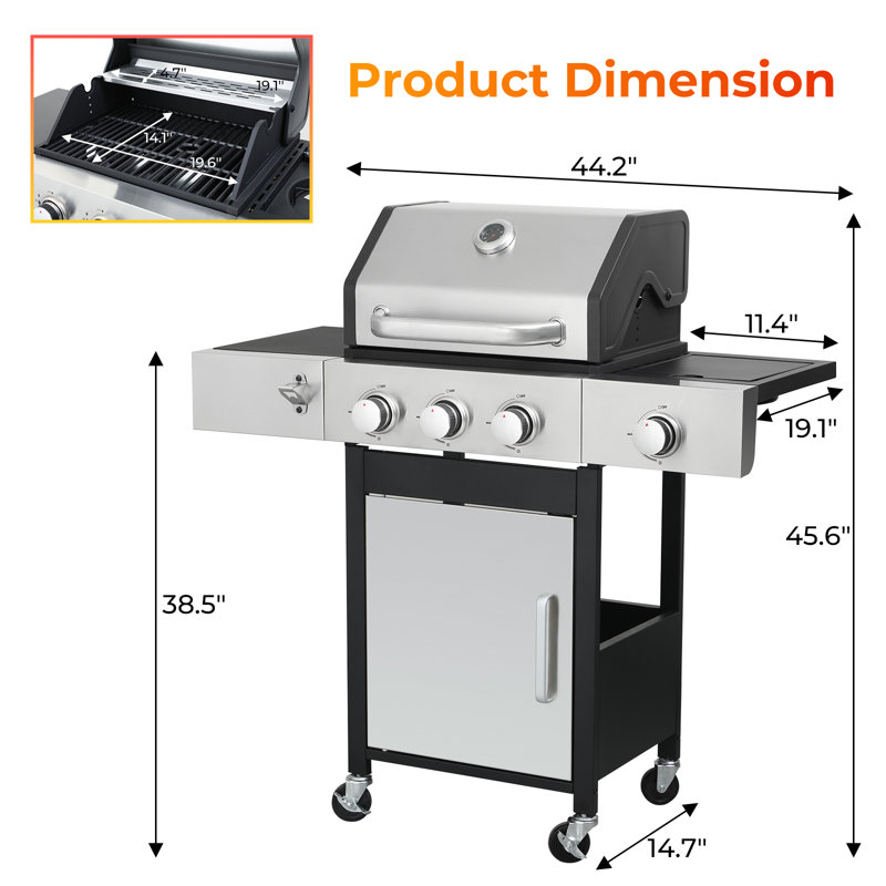 Barbecue au propane à 3 brûleurs avec brûleur latéral | 37 230 BTU | Grilles de cuisson en fonte émaillée et conception en acier inoxydable