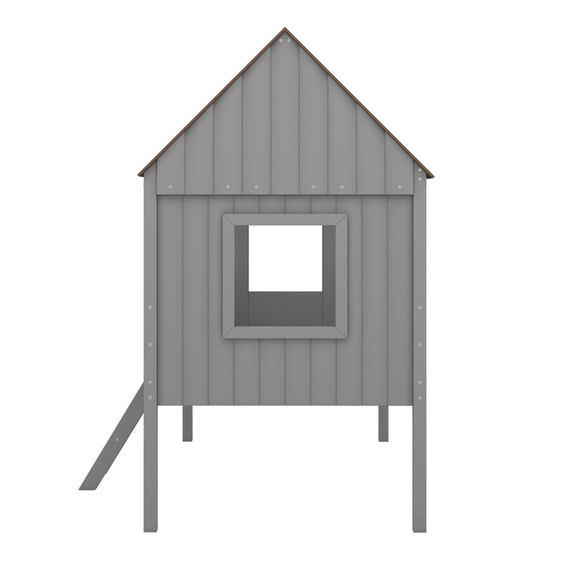 Lit mezzanine simple en bois gris avec fenêtres latérales