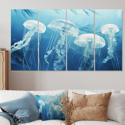 White Jellyfish Floating To Ocean Surface Sunlight - Jellyfish Wall Art For Living Room 4 Piece