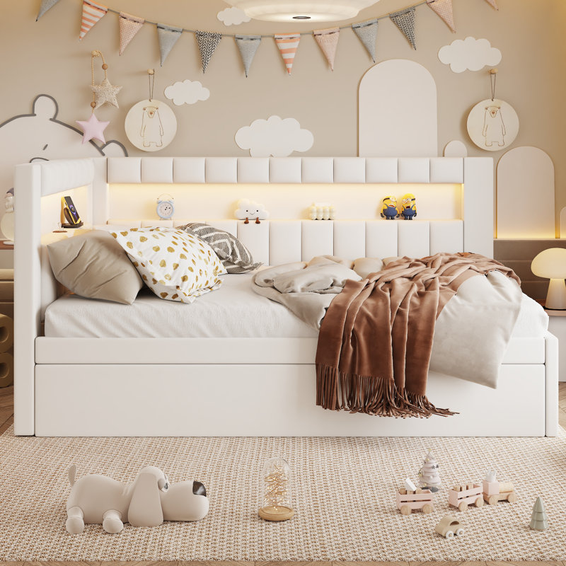 Upholstered Twin Size Platform Bed With USB Ports And LED Belt, With Trundle, White