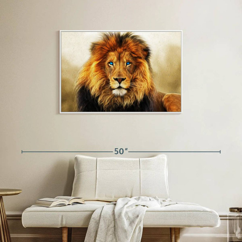 Lion aux yeux bleus, Cadre flottant blanc, 37 po x 25 po