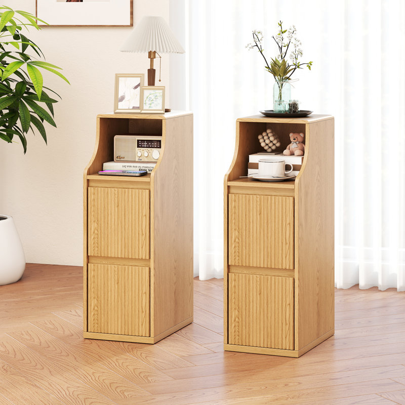 27"tall Fluted End Table Set With 2 Drawers, Mid-century Modern Narrow End Table(set Of 2), Wood
