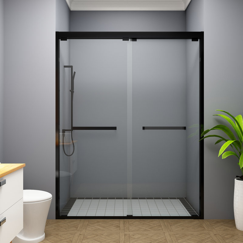 Matte Black Frameless Double Sliding Shower Door with Clear Glass