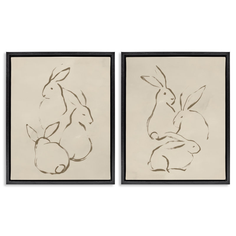 Earthtone Sitting Rabbits Sketch 2 PC Framed Floater Canvas Set by June Erica Vess, Black Floater Frame, 21" H x 17" W