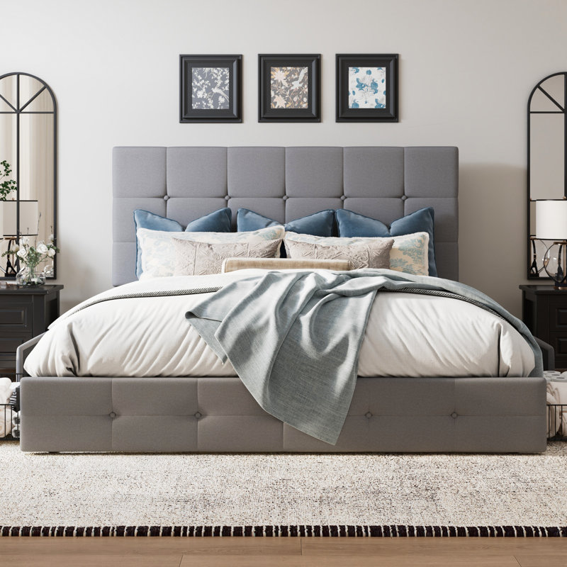 Lit plateforme avec rangement Silvester, Polyester à capitonnage carré gris clair, Grand
