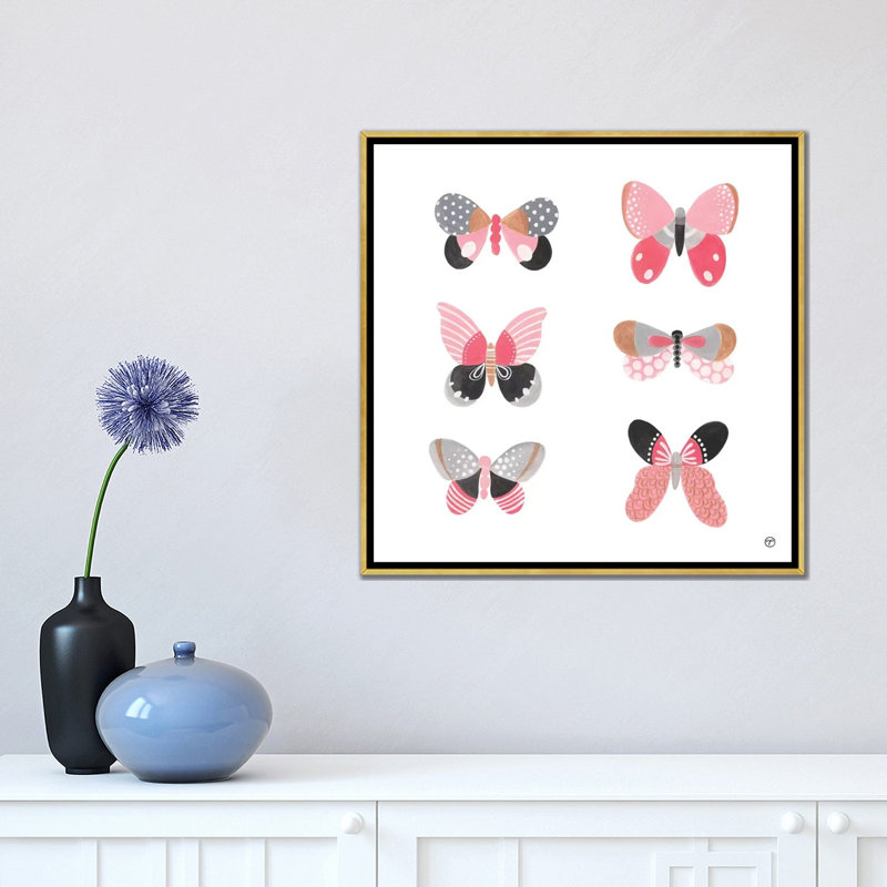 6 papillons art, Toile encadrée d'or, H 18 po x l 18 po x P 1,5 po