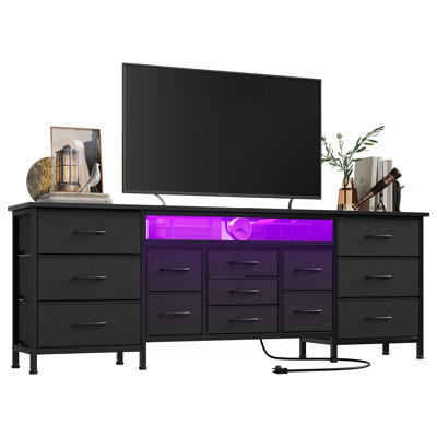 Meuble télé moderne avec commode longue pour téléviseur de 65 à 80 pouces - 13 tiroirs en tissu - lumières DEL - station de charge - tablettes ouvertes - armoire de rangement - chambre à coucher et salon - noir