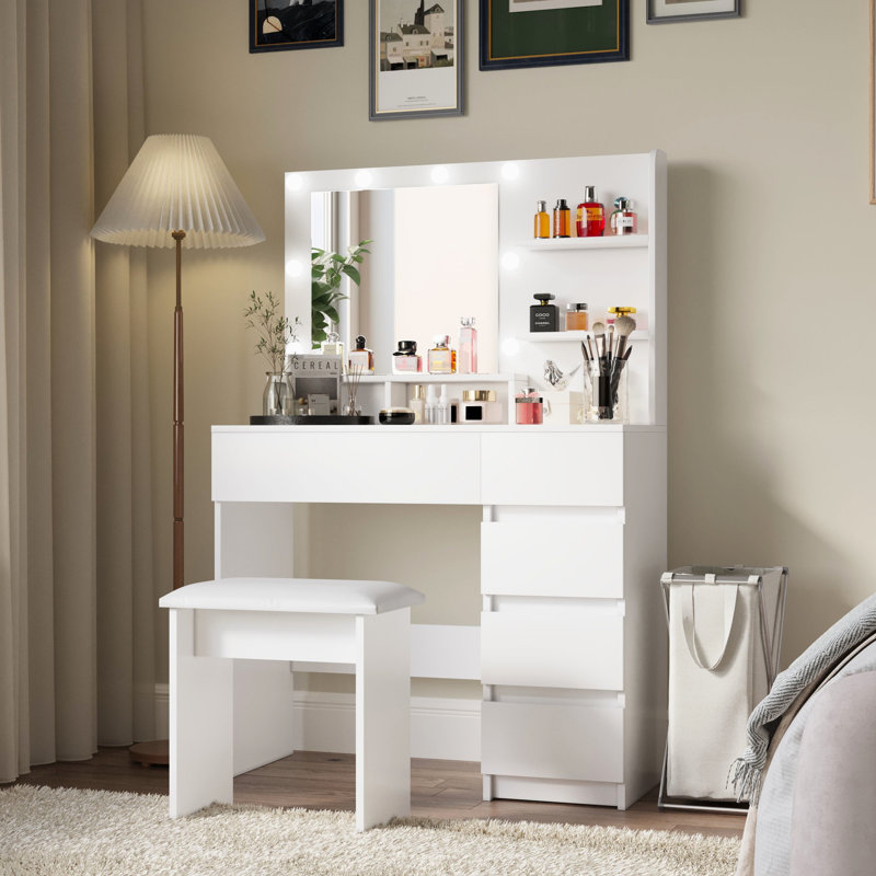 Modern Vanity With Mirror & , 3 Lighting Presentations, 4 Drawers, Copious Storage Area, White Dressing Table Charging Station, 2 Ports, Spacious Shelves