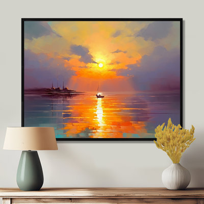 Bateau qui quitte le port, coucher de soleil doré - décor d'art mural coucher de soleil