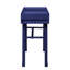 Bureau de meuble-lavabo en métal bleu, un tiroir, un cadre, des panneaux encastrés, un plateau en fer et un tiroir à glissière latérale avec fermeture manuelle