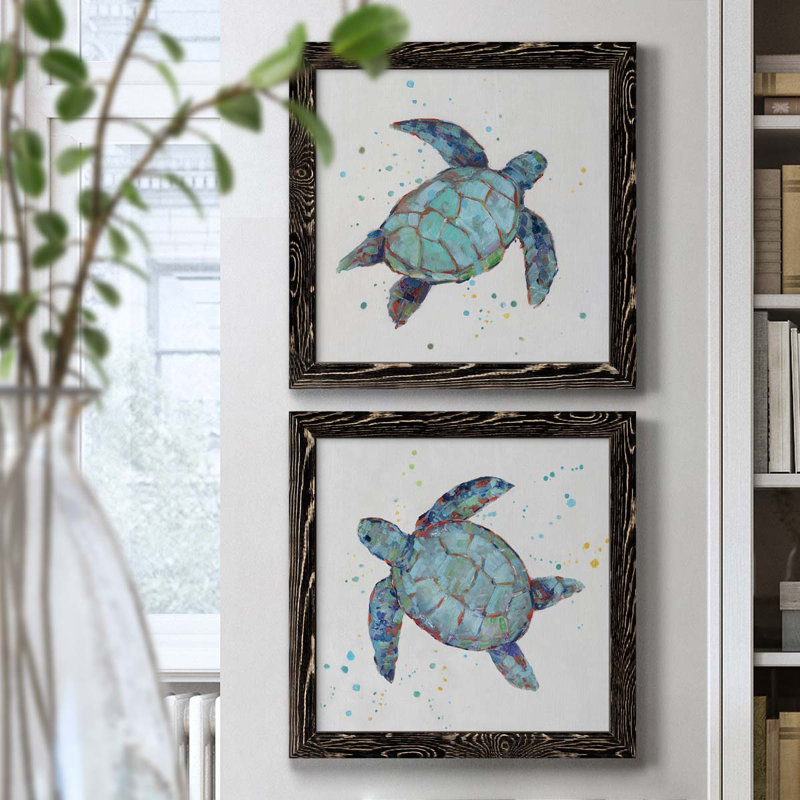 Bubble Blue Turtle I - ensemble de 2 peintures sur toile encadrées, H 17 po x l 34 po x P 1,5 po, Cadre noir