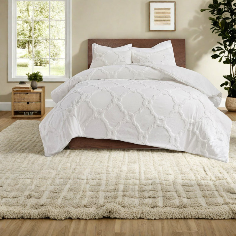 Ensembles de literie touffetés en coton de qualité supérieure, conception géométrique blanc cassé pour les chambres modernes