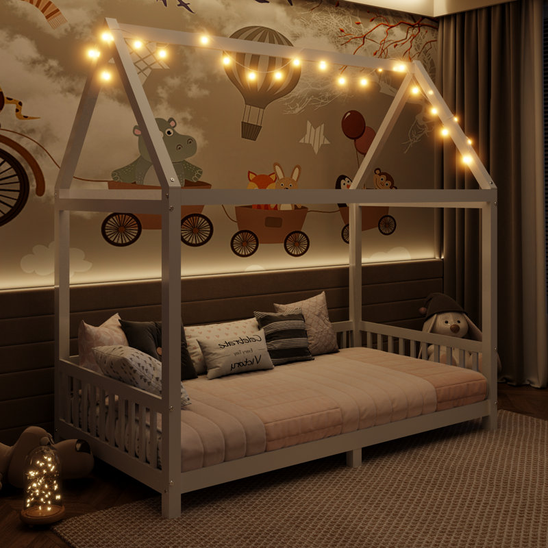  Lit plateforme simple en bois avec garde-corps et éclairage, blanc, Simple