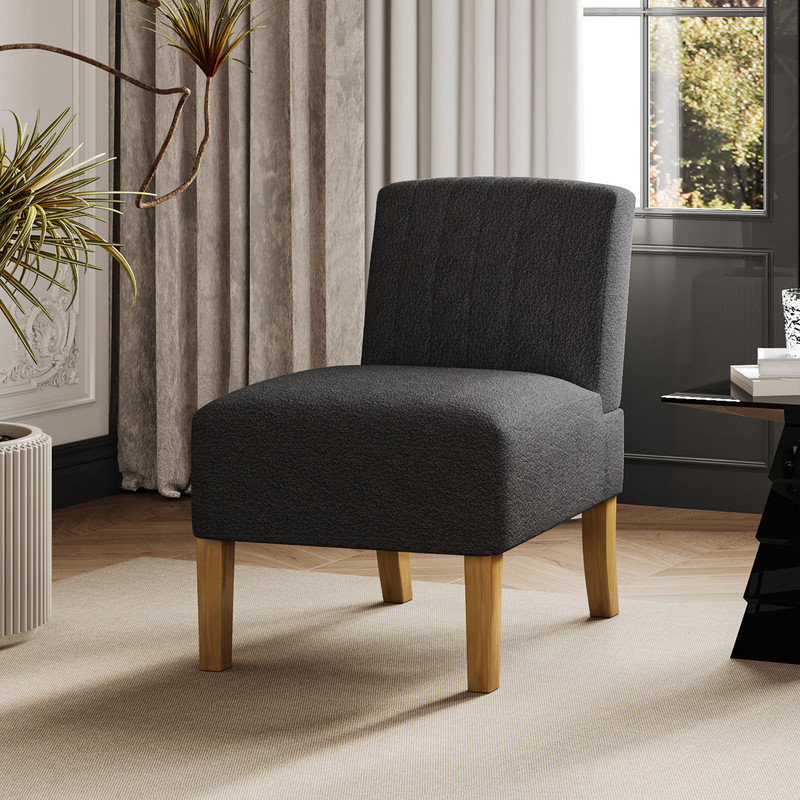 Upholstered Armless Accent Chair with Solid Wood Legs, Black Linen Blend