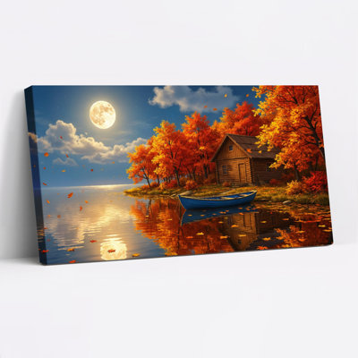Autumn Lake Cabin Moonlight Canvas Wrapped Wall Art Oil Painting Print Set Of 1