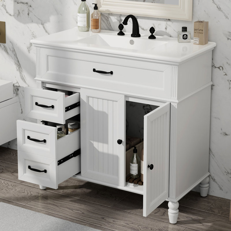 Meuble-lavabo blanc de 91 cm (36 po) avec lavabo, en bois massif, deux tiroirs, portes, mécanisme de fermeture amortie, pour plomberie. Emballage individuel.