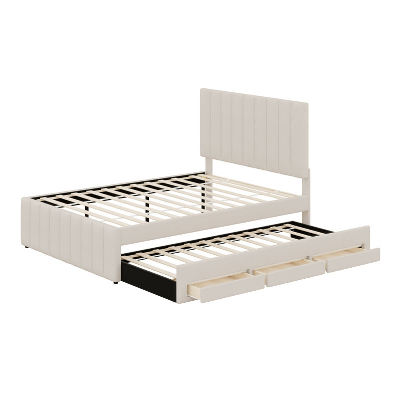 Lit plateforme tapissier avec lit gigogne et 3 tiroirs, Beige