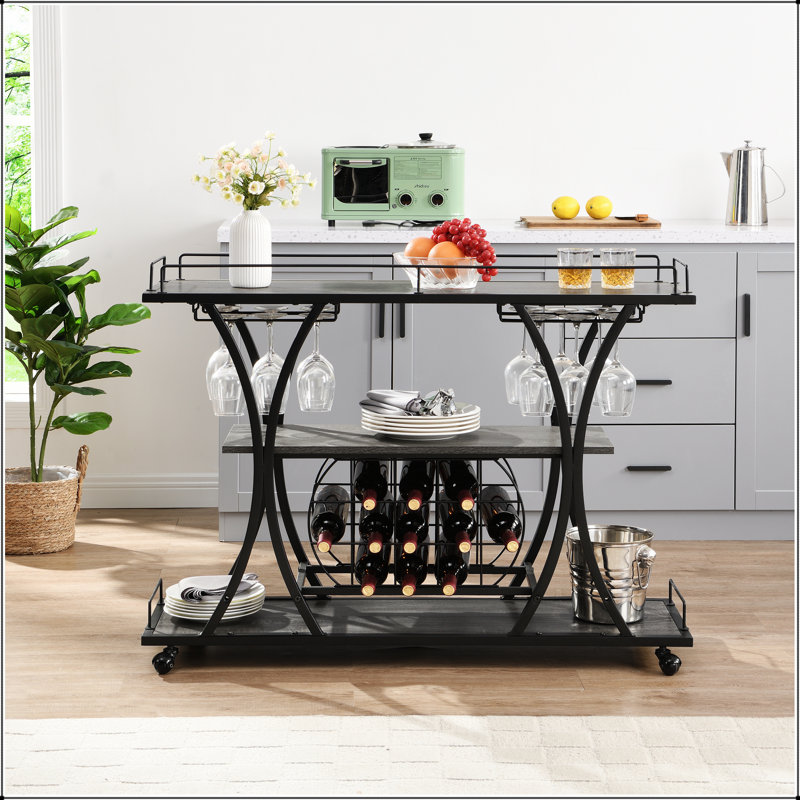 Durable Industrial Bar Cart With Wheels, Three-Level Storage, And Wine Glass Racks For Home Use