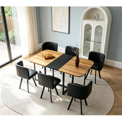 Ensemble de salle à manger moderne 7 pièces, table en mélamine grain de bois noir et 6 chaises rembourrées en polyuréthane noir, mobilier polyvalent pour salle à manger, cuisine et appartement