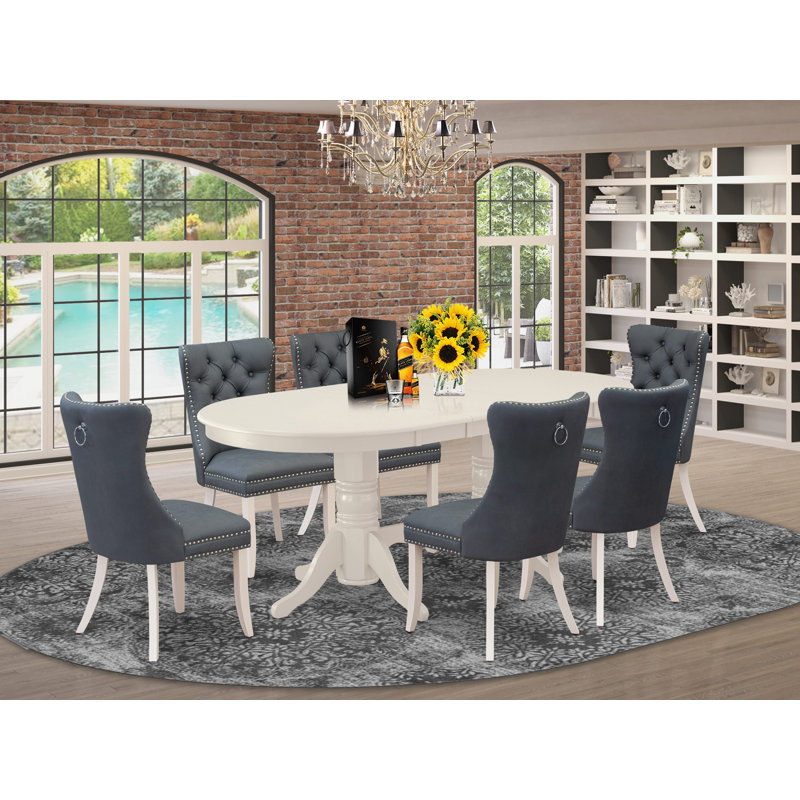 Ensemble de salle à manger 7 pièces comprenant une table de cuisine ovale avec rallonge amovible et 6 chaises rembourrées, lin blanc