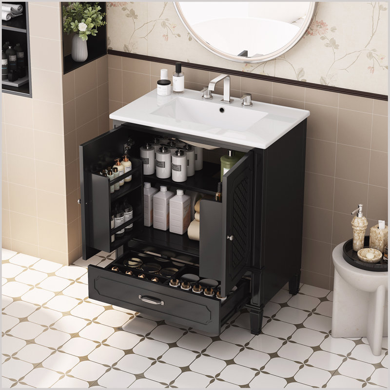 Meuble-lavabo 30 po avec lavabo, espace de rangement multifonctionnel, Noir