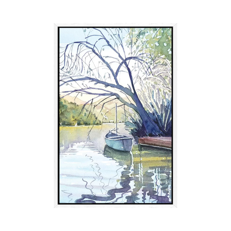 The Lonely Canoe by Luisa Millicent - Painting on Canvas, 66.04cm H x 45.72cm W x 3.81cm D, White Framed