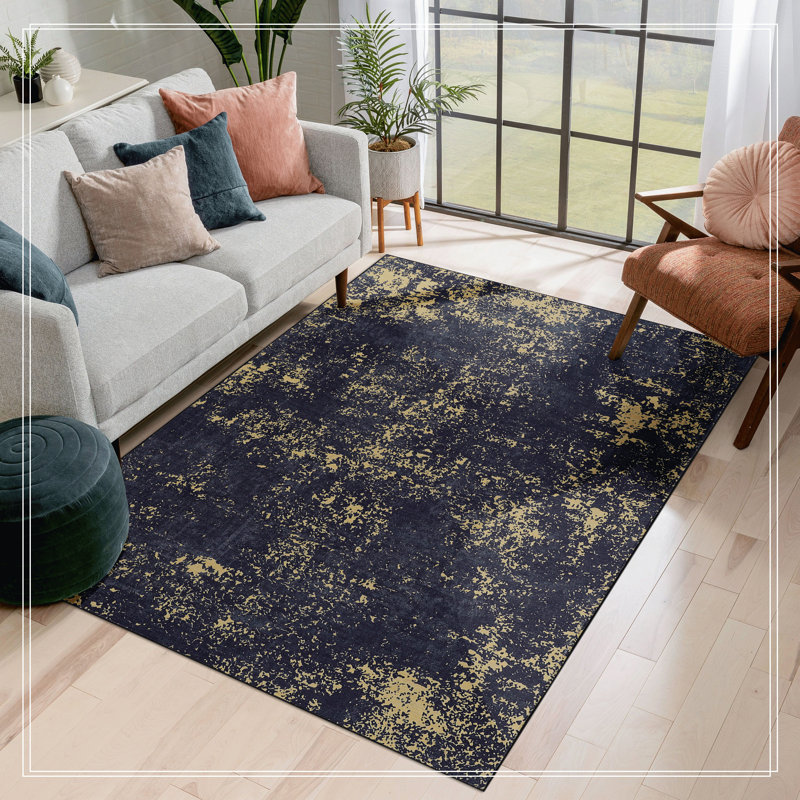 Area Rug For Bedroom, Washable Rug, Low-Pile, Non-Slip, Non-Shedding, Foldable, Kid&Pet Friendly - Area Rugs For Living Room, Bedroom, Kitchen, Dining Room, Wedding Gift, (Black+Gold)
