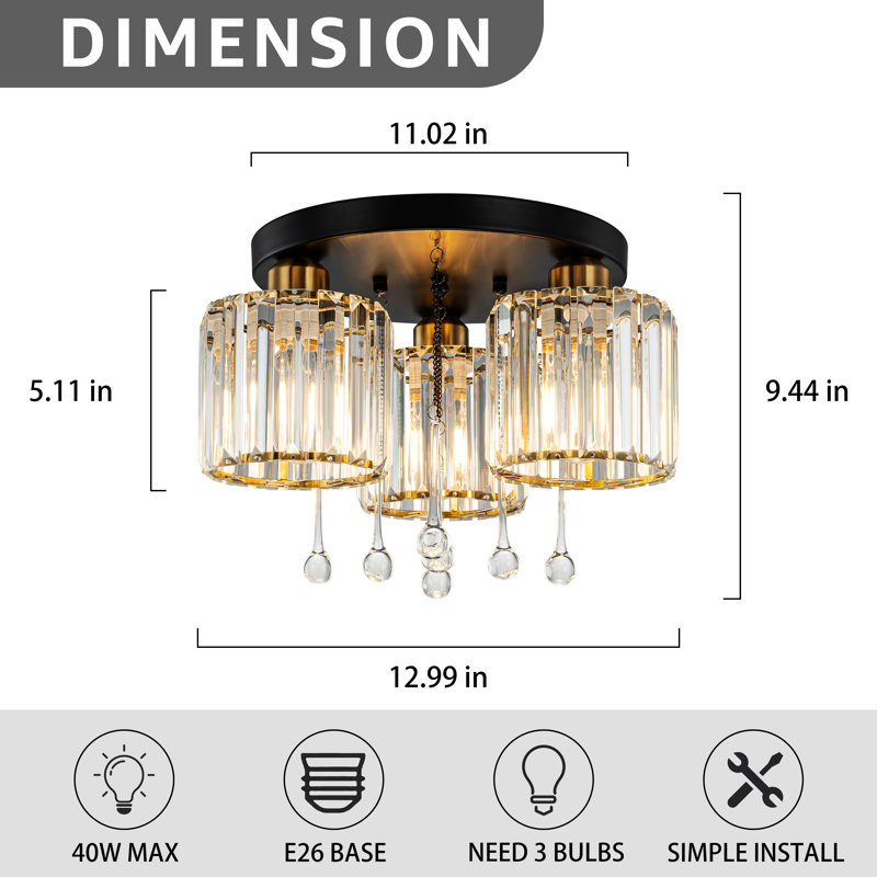 Plafonnier encastré en cristal 3 lumières Tiarra, Doré