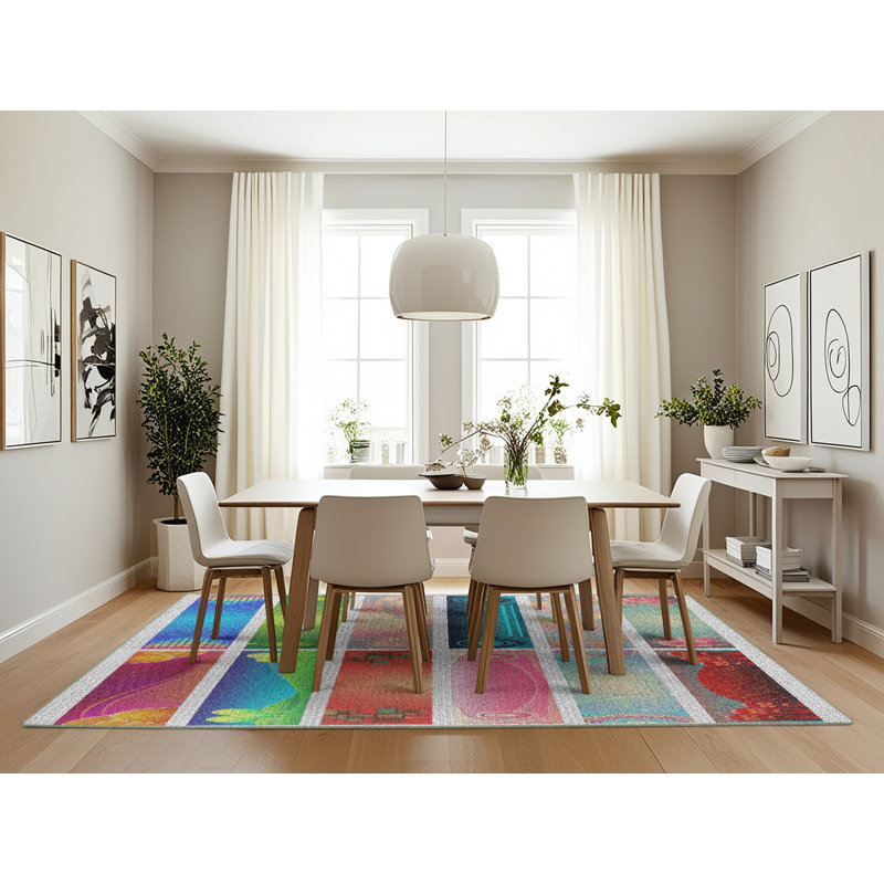 Tapis vert/bleu/rouge à motifs, Rectangle 7 pi x 10 pi
