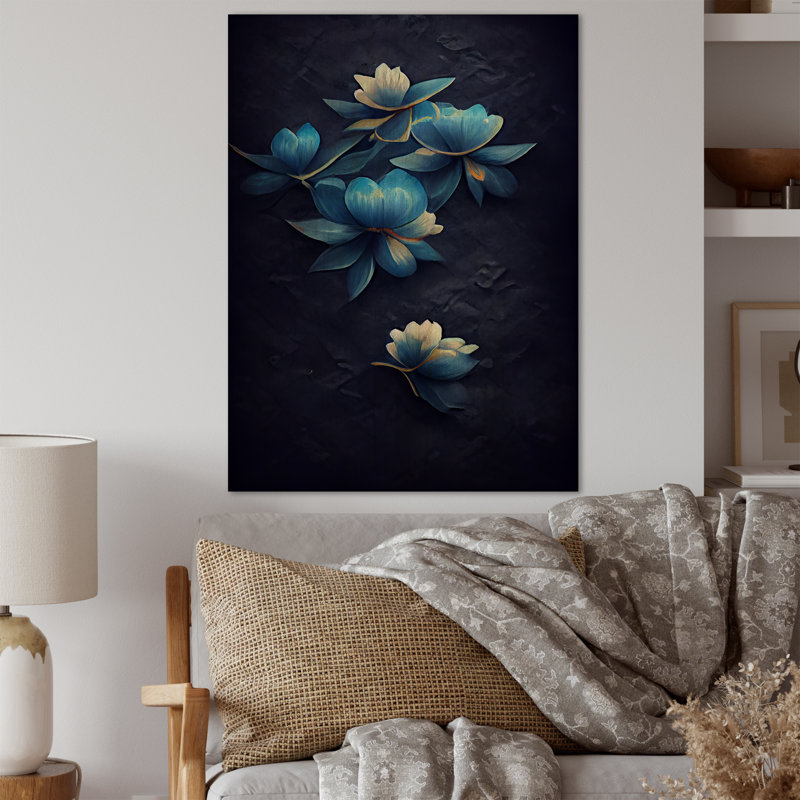 Fleurs chinoises bleues et blanches II - reproduction sur toile, H 20 po x l 12 po x P 1 po, Cadre flottant noir