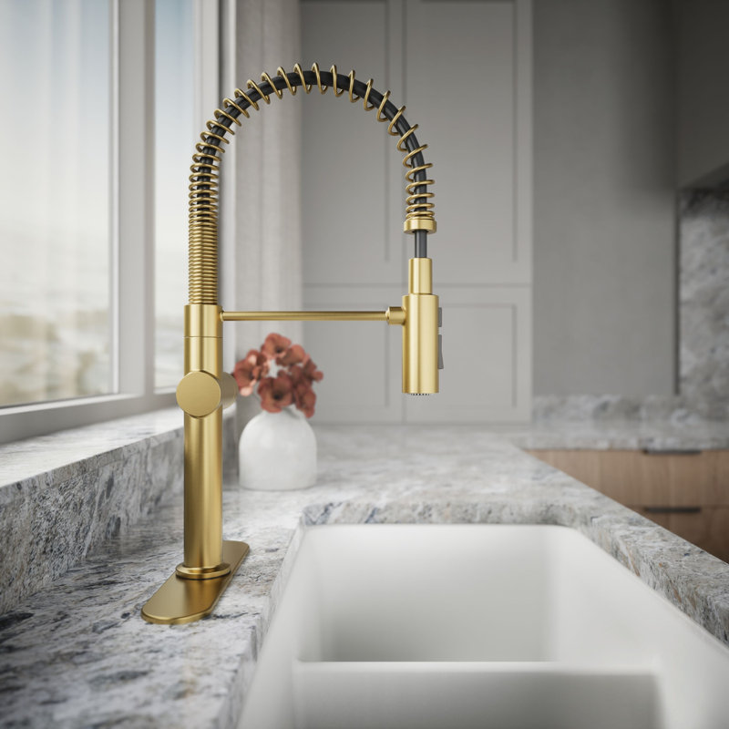 Kohler Crue Single Handle Semi-Professional Pre-Rinse Kitchen Faucet with Three-Function Pull Down Sprayer, Brass