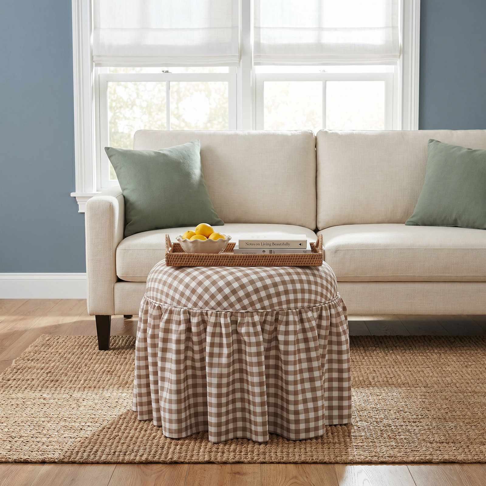 Jebb Upholstered Ottoman, Vine Stripe Dusty Blue