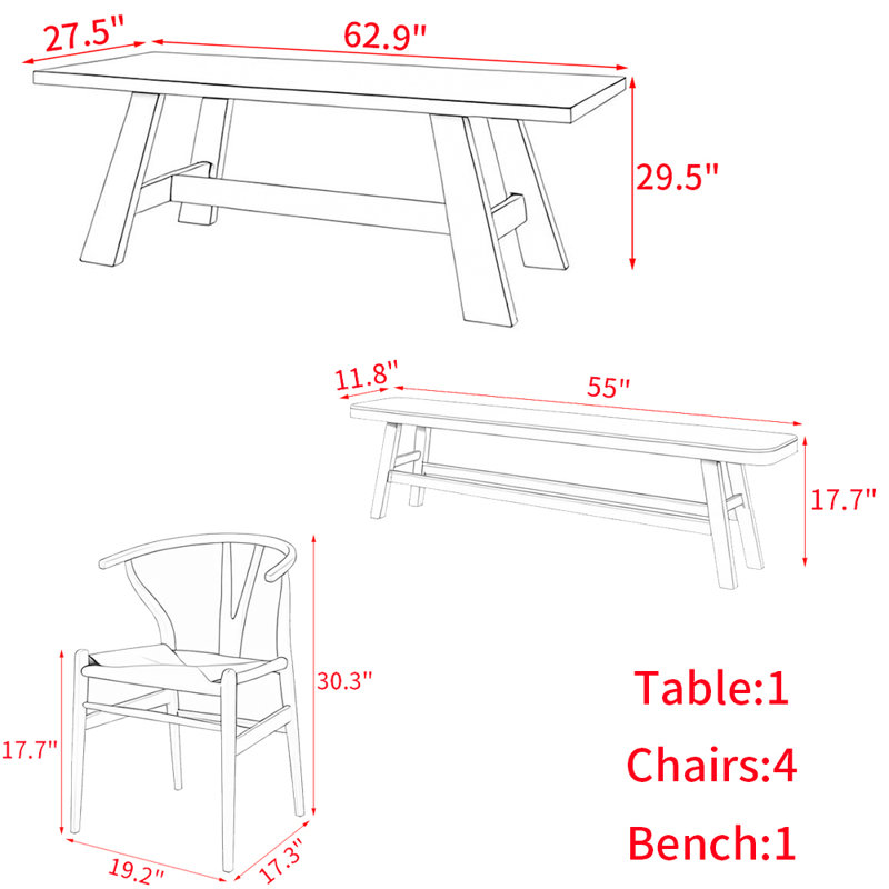 Ensemble de table à manger moderne en bois massif de style japonais, H 29,5 po x L 62,9 po x l 27,5 po