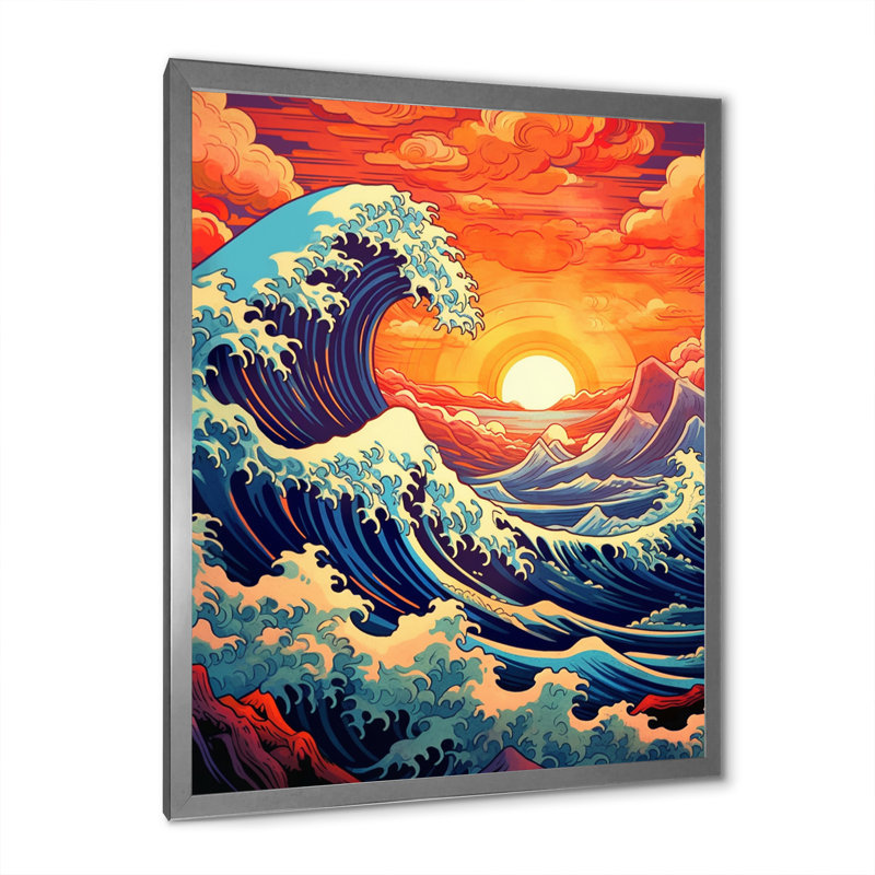 «Majestic Sunset Wild Waves Breaking Retro», reproduction sur toile encadrée, H 32 po x l 24 po x P 1 po, Cadre photo argenté