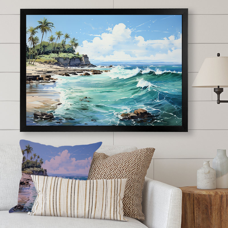 Reproduction sur toile d'un palmier turquoise sur fond tropical, Cadre photo noir, H 24 po x l 32 po x P 1 po