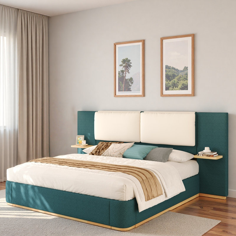Lit plateforme tapissier avec tablettes, Très grand lit, Vert