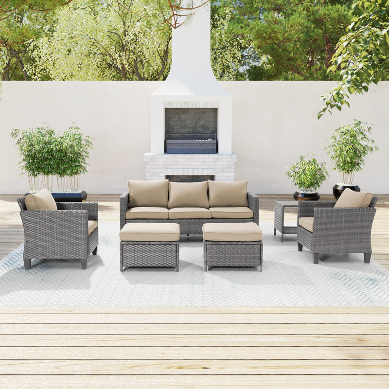 Outdoor 6 Piece Furniture Conversation PE Gray Wicker/Rattan Patio Sofa Set, With Thick Cushions and Side Table, Beige, Gray