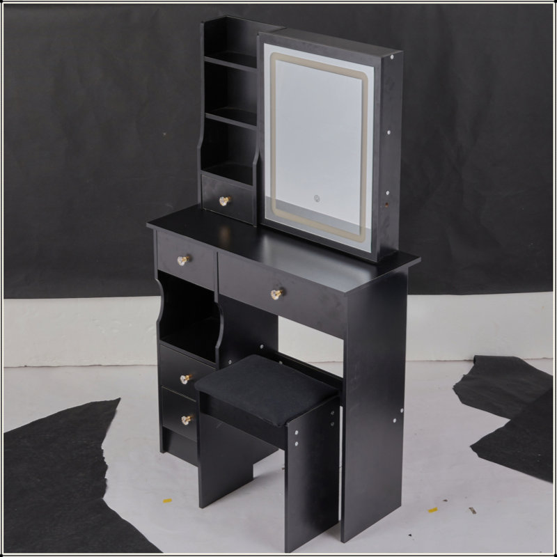 Small Size Left Drawer Desktop Vanity Table + Cushioned Stool, Touch Control Sliding LED Mirror, Tri-Colour Switching, Brightness Adjust, Multi Layer, Suitable For Small Space, EPA,GCC,UL Certificate