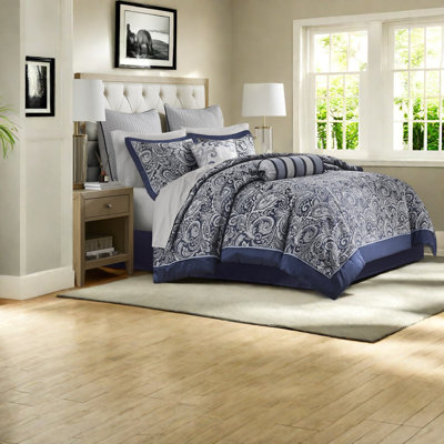 Elegant Navy Bedding Sets, Polyester-cotton Blend, Modern Paisley Design For Home