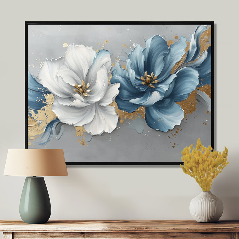 Tulipes bleues et or bleues, H 30 po x l 40 po, Floater Framed, Noir, noir, noir, noir