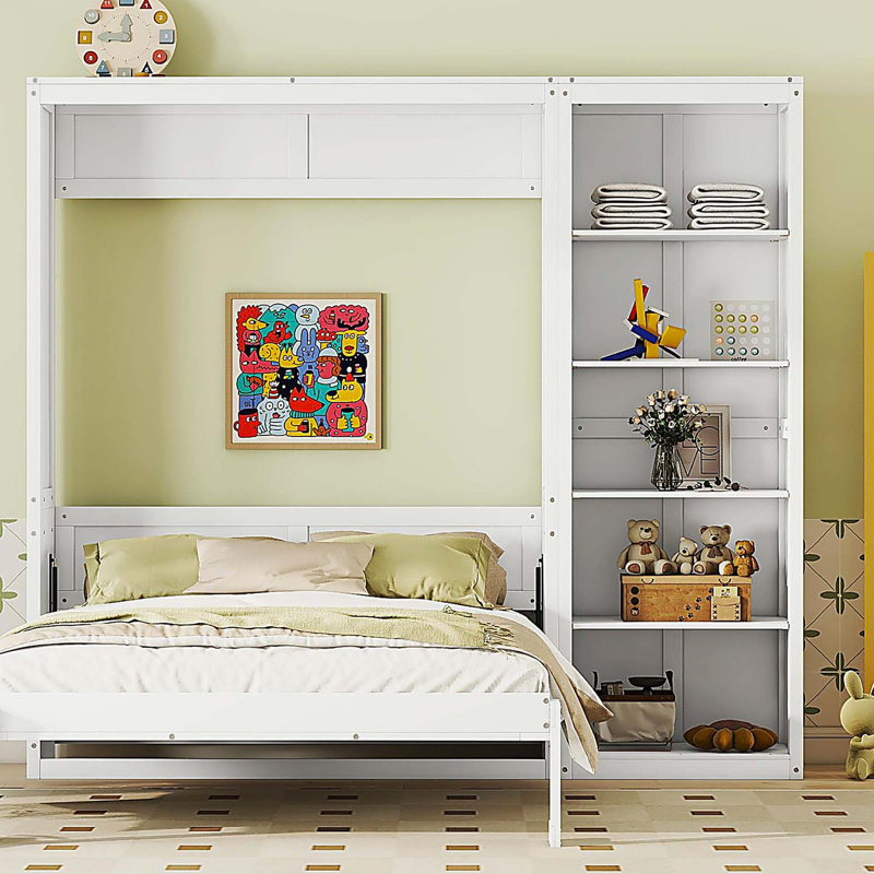 Grand lit escamotable mural avec tablettes, blanc, Blanc, Grand lit