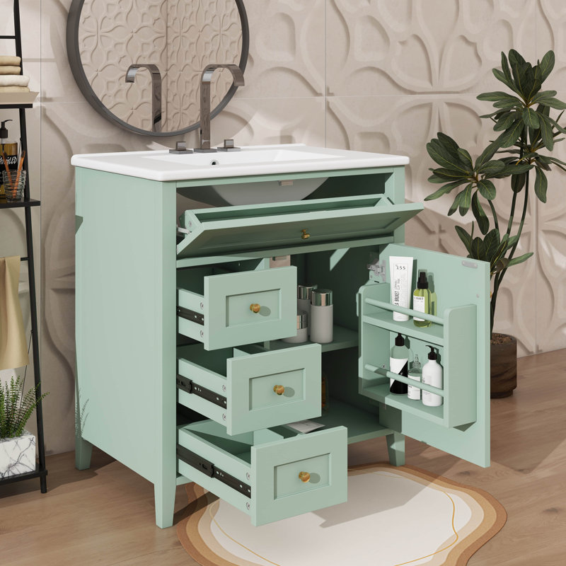 30-Inch Independent Bathroom Vanity With Sink, 3 Left-Side Drawers, Right Cabinet With Adjustable Shelves, Green